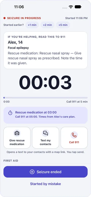The seizure timer running, with a card to read to 911 and the next rescue-medication time.