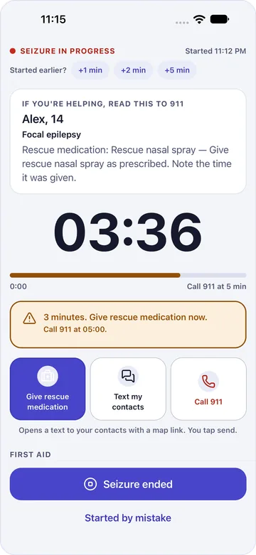 At 3 minutes the timer says to give rescue medication now, as the care plan sets.