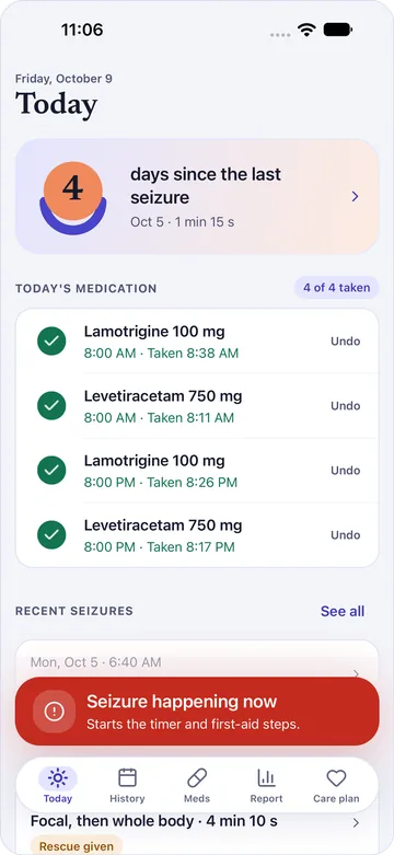 The Today screen: days since the last seizure, today's medication and recent seizures.