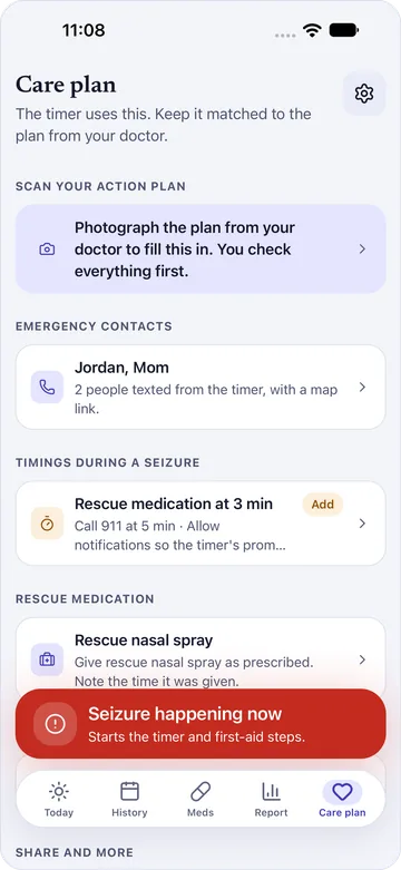 The care plan: emergency contacts, timings during a seizure and rescue medication.