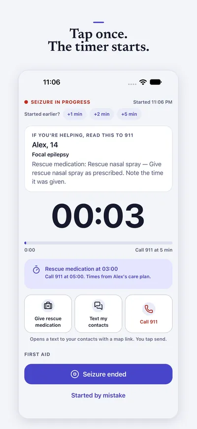 Tap once. The timer starts. The seizure timer running, with a card to read to 911 and the next rescue-medication time.
