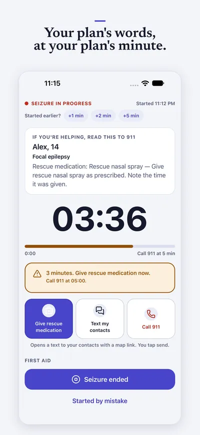 Your plan's words, at your plan's minute. At 3 minutes the timer says to give rescue medication now, as the care plan sets.