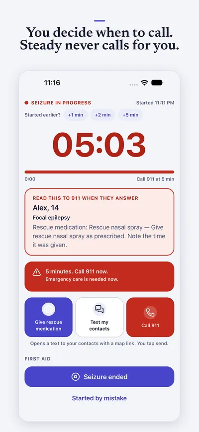 You decide when to call. Steady never calls for you. At 5 minutes the timer turns red and suggests calling 911, with buttons to call or text contacts.