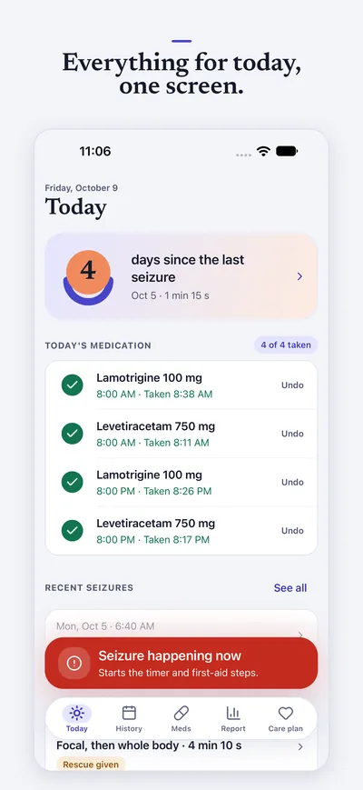 Everything for today, one screen. The Today screen: days since the last seizure, today's medication and recent seizures.