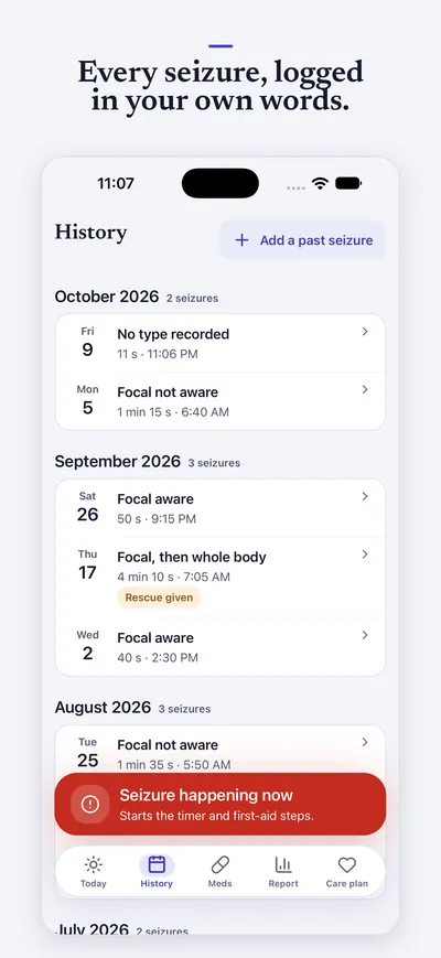 Every seizure, logged in your own words. History: seizures listed by month with their type and length.